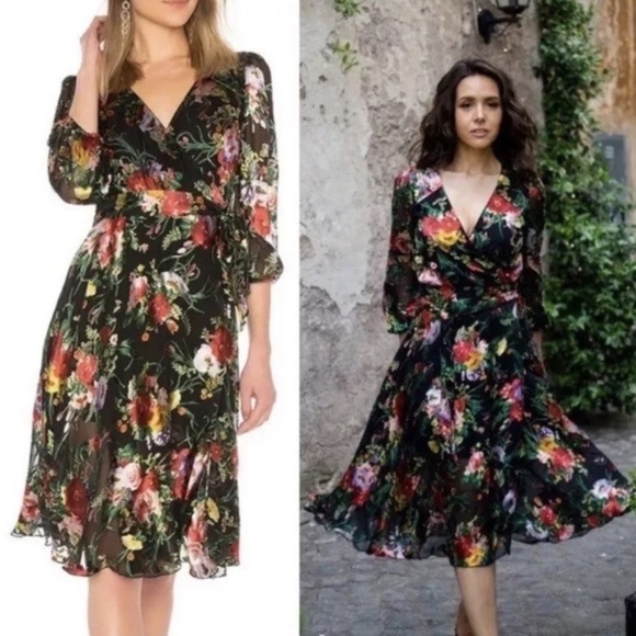 Alice + Olivia Blooming Bouquet Floral Print Wrap Dress Fall Wedding Guest Party - Picture 2 of 15